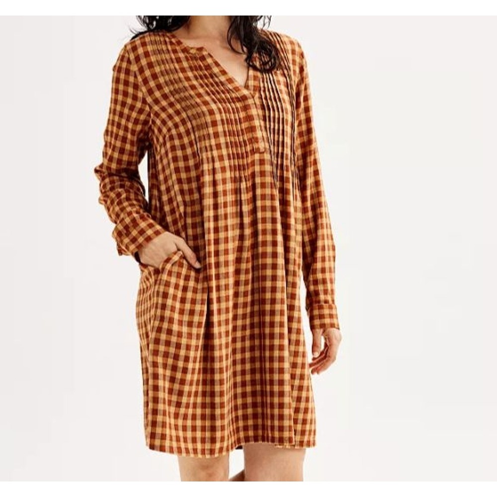 Sonoma Goods For Life Shift Dress Womens 1X Brown Gingham Pintuck Long Sleeve